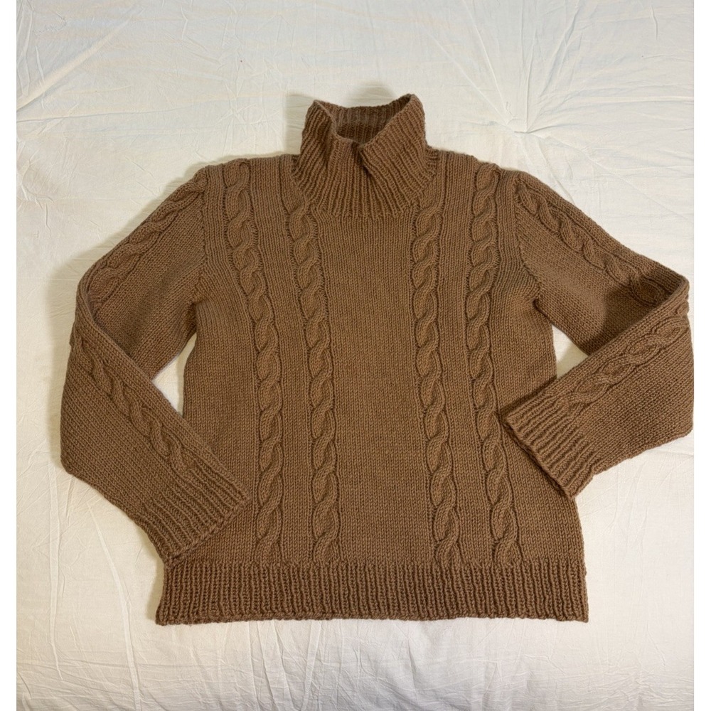 Chunky Hand Knit Turtleneck Fisherman Sweater~Women's S~Ginger Brown Cable Knit
